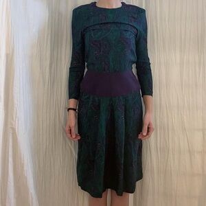 Green and Purple Paisley Drop Waist Midi Dress Vintage 70s/80s Boho